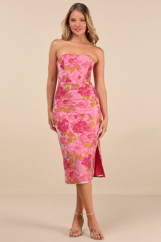 Image of Upgraded Event Pink Jacquard Strapless Bustier Midi Dress