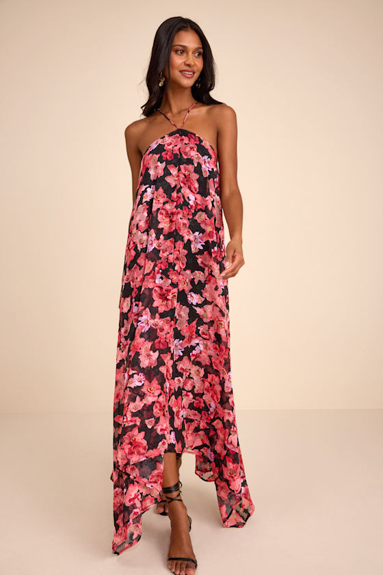 Image of Dezzi Black Multi Floral Halter Shift Maxi Dress
