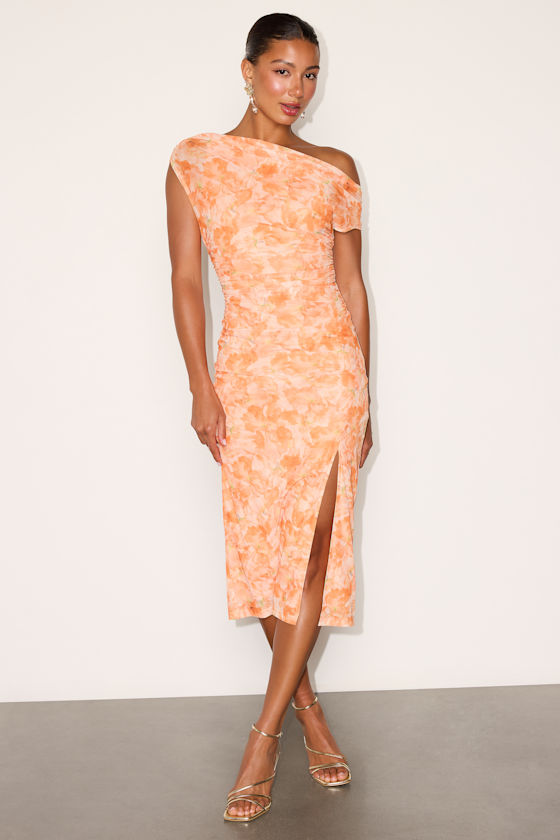 Image of Moriah Light Orange Floral Mesh Asymmetrical Midi Dress