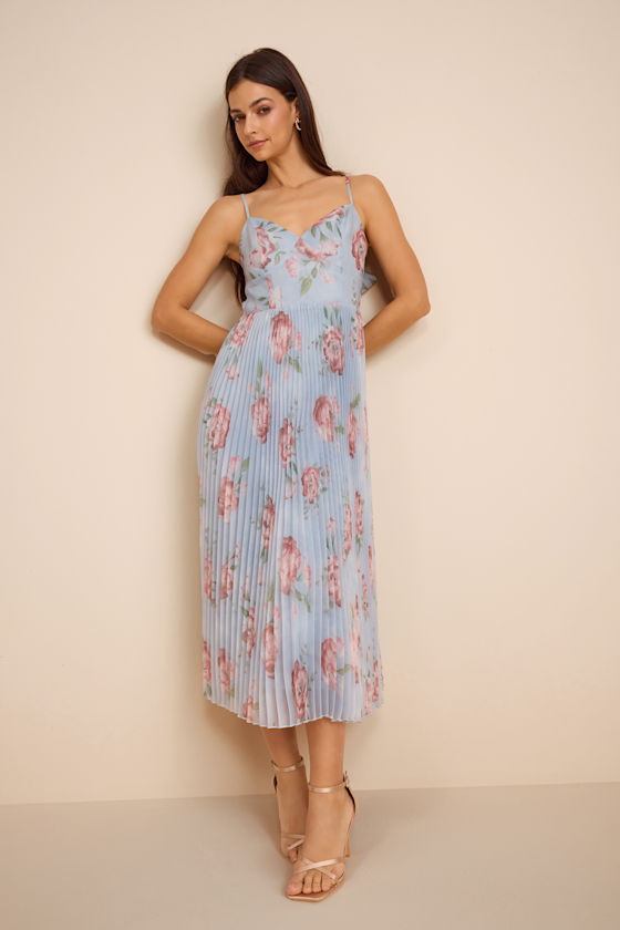 Image of Alondra Light Blue Multi Floral Pleated Midi Dress