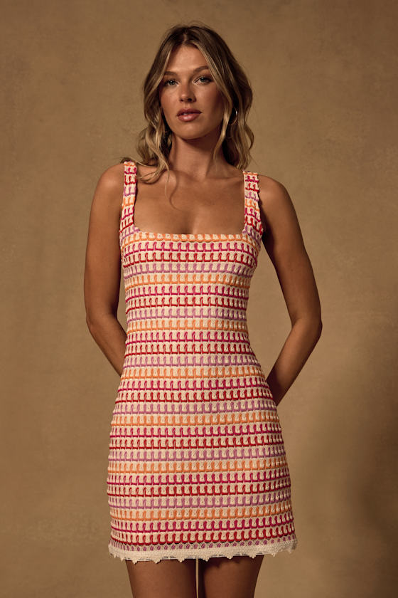Image of Alianora Red And Cream Crochet Mini Dress
