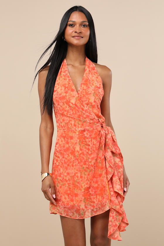 Image of Felicita Orange Floral Halter Wrap Mini Dress