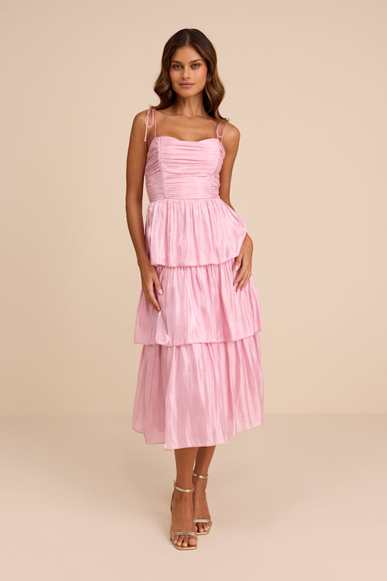 Image of Tennon Light Pink Plisse Tiered Midi Dress