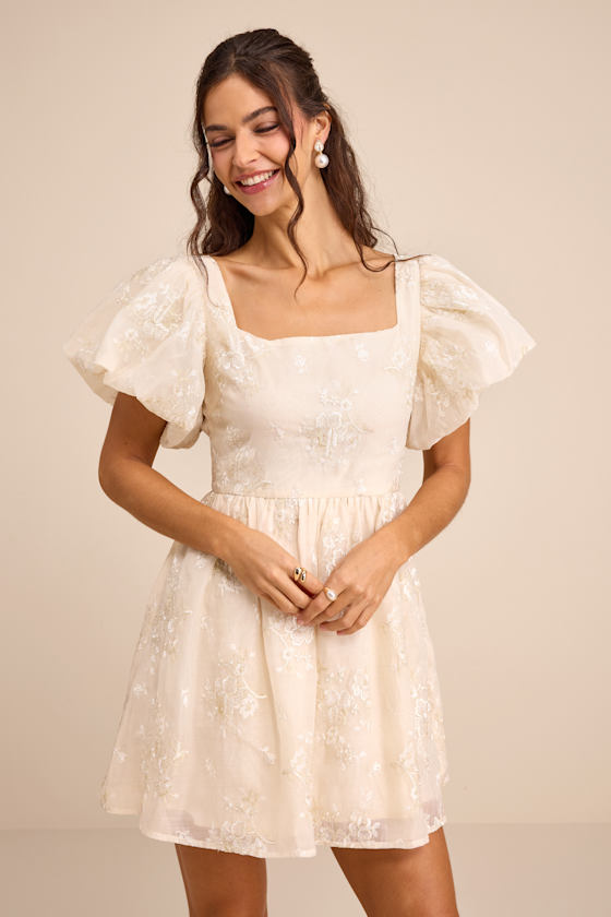 Image of Cathaysa Cream Embroidered Puff Sleeve Bow Mini Dress