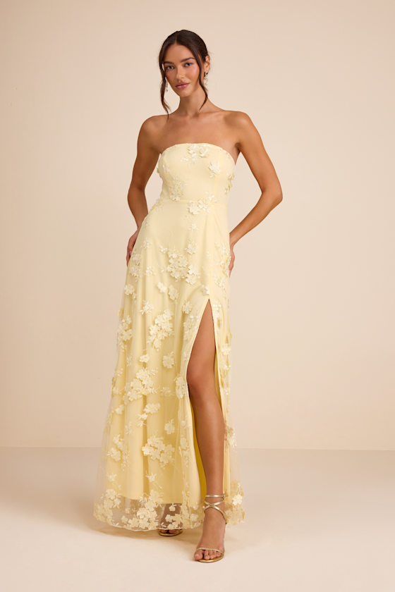 Image of Rare Presence Light Yellow 3D Floral Embroidered Maxi Dress