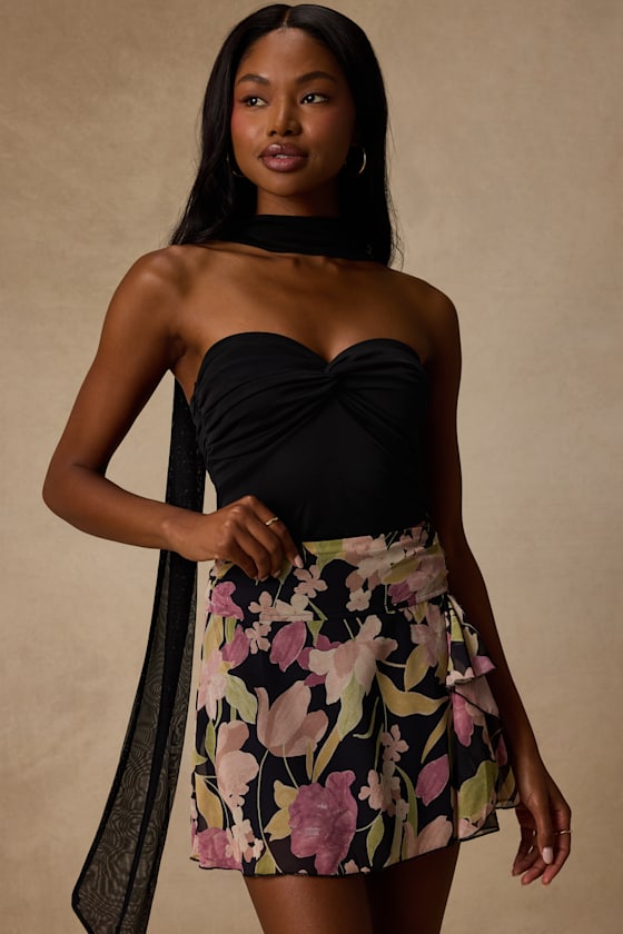 Image of Bayla Black Multi Floral Ruffled Mini Skirt