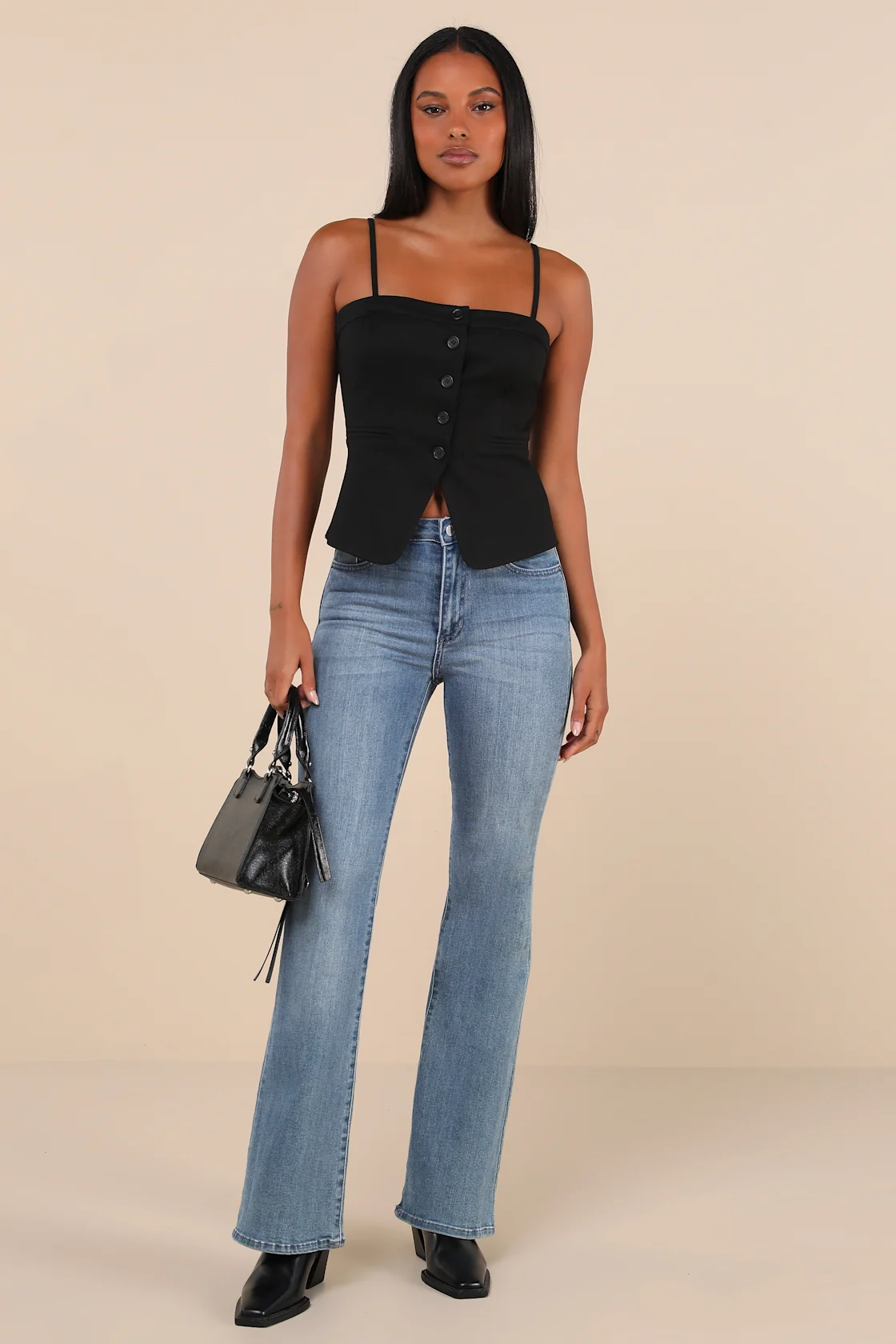 Image of Sophisticated Ways Black Button-Front Cami Vest Top