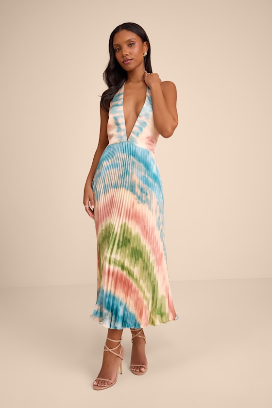 Image of Rhoda Blush Multi Tie Dye Satin Halter Midi Dress