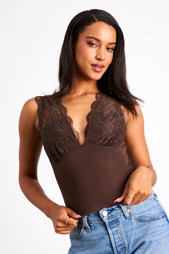 Image of Tazia Brown Lace Knit V Neck Tank Top