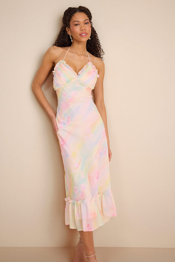 Image of Jamaya Multi Abstract Floral Lace Up Midi Dress