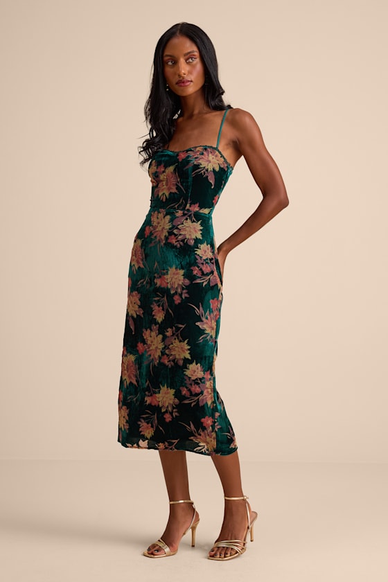Image of Erisa Emerald Velvet Floral Burnout Midi Dress