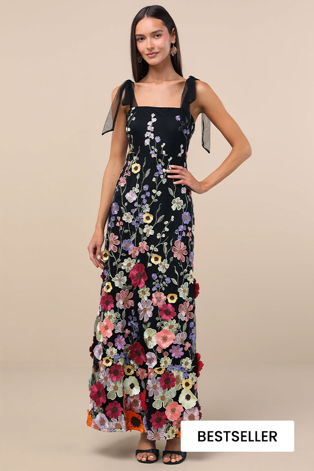 Image of Thriving Poise Black 3D Floral Embroidered Tie Strap Maxi Dress​