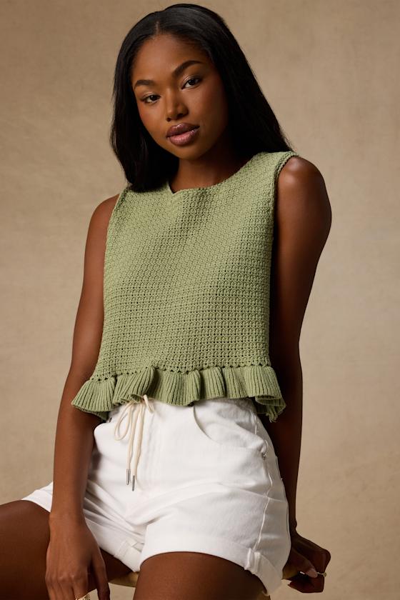 Image of Flouncin Around Dusty Olive Cropped Ruffled Sweater Tank