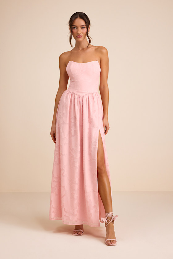 Image of Kalila Light Pink Floral Burnout Strapless Maxi Dress