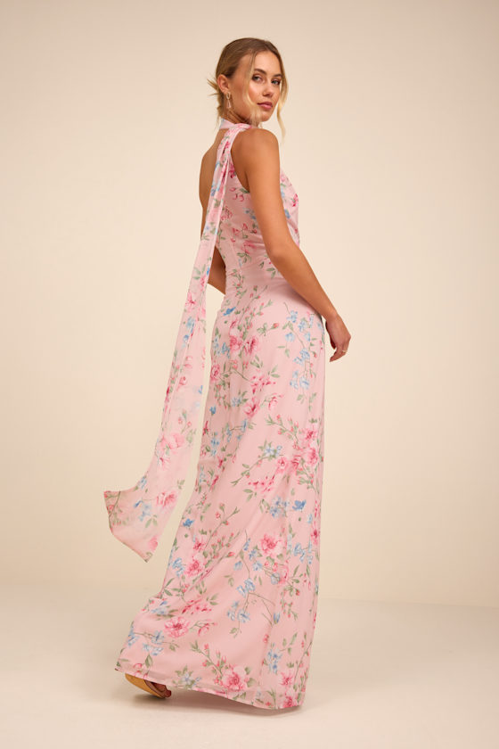 Image of Adeline Light Pink Floral One Shoulder Scarf Maxi Dress