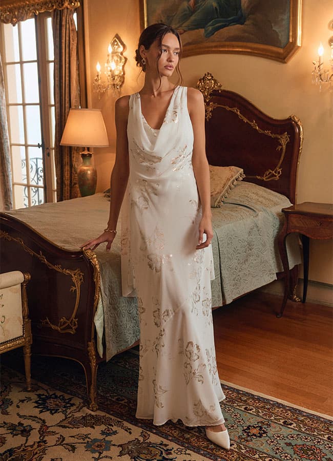 Sidonia White and Gold Floral Cowl Sash Maxi Dress