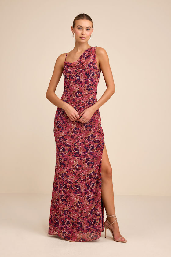 Image of Vienta Magenta Floral Chiffon Asymmetrical Maxi Dress