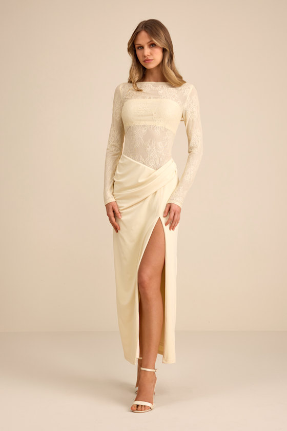 Image of Nadina Pale Yellow Lace Long Sleeve Maxi Dress