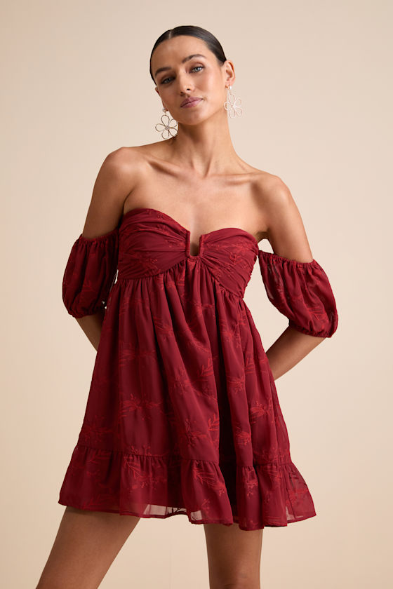 Image of Cutest Icon Rust Red Embroidered Off The Shoulder Mini Dress