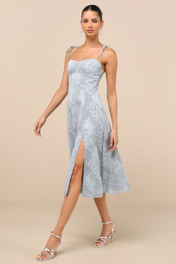 Image of Loveliest Looks Dusty Blue Floral Jacquard Tie Strap Midi Dress