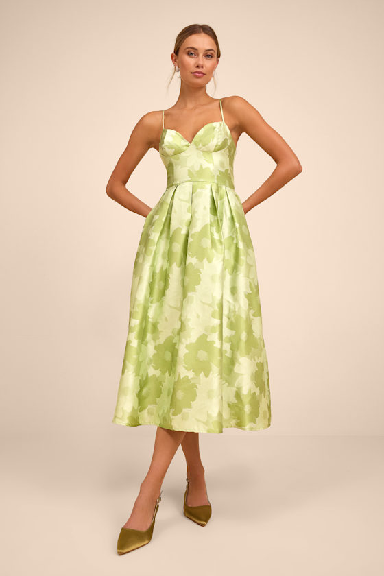 Image of Vivinna Lime Green Floral Jacquard Pleated Midi Dress