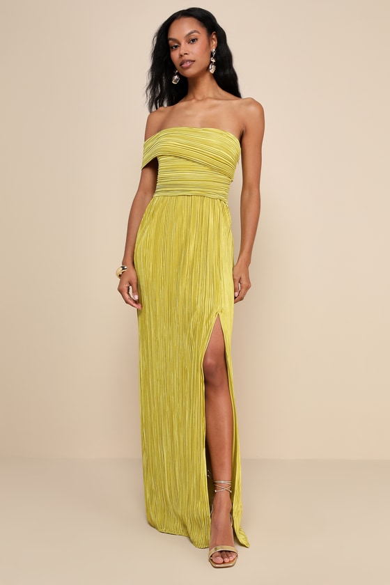 Image of Poised Performance Chartreuse Plisse One Shoulder Maxi Dress
