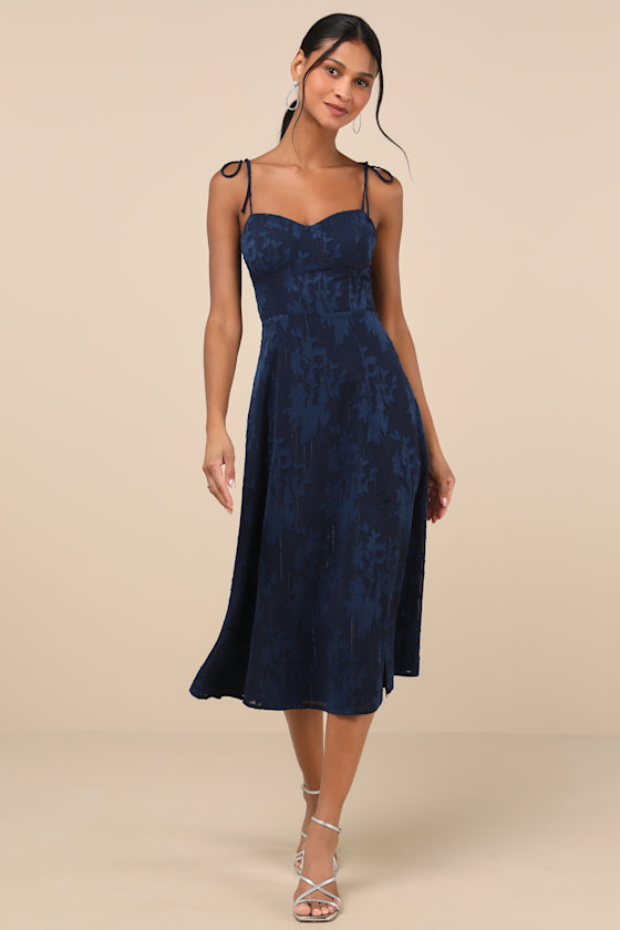 Image of Loveliest Looks Navy Blue Floral Jacquard Tie Strap Midi Dress