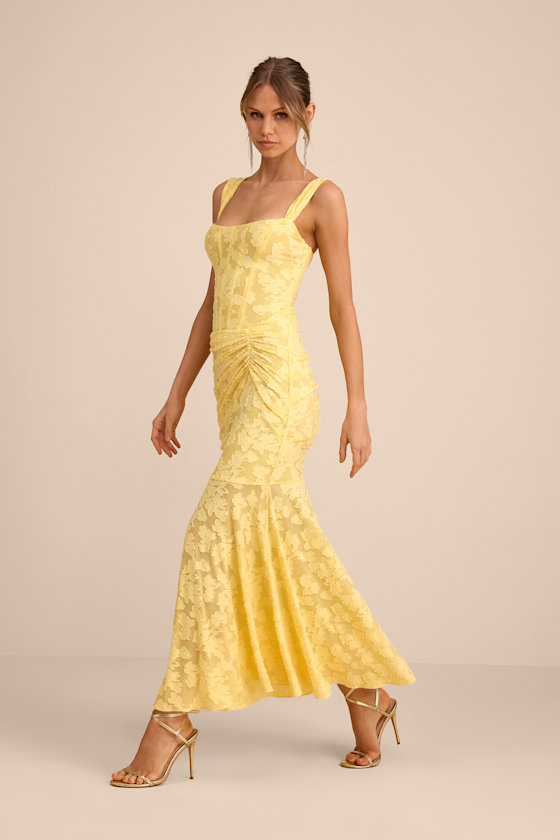 Image of Celeste Yellow Floral Burnout Bustier Maxi Dress