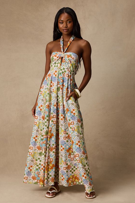 Image of Renata Ivory Multi Print Halter Maxi Dress