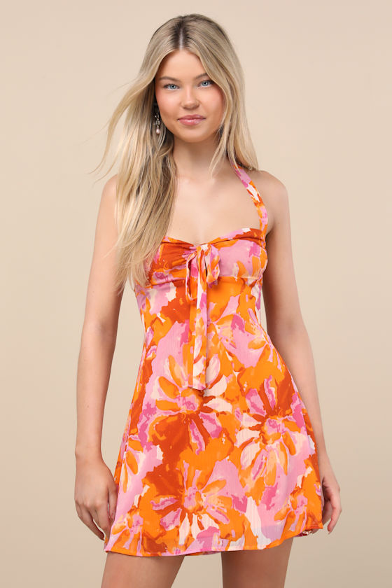 Image of Sunny Glow Orange Embroidered Floral Sleeveless Mini Dress