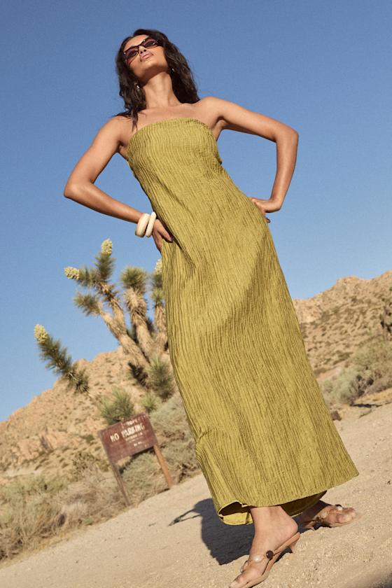 Image of Radiant Season Olive Green Plisse Cutout Strapless Maxi Dress