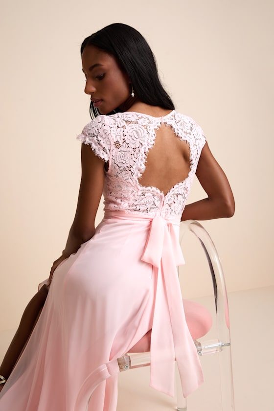 Image of Momentous Moments Blush Pink Lace Backless Maxi Dress