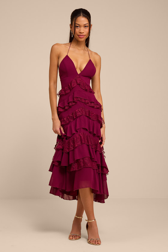 Image of Melena Burgundy Ruffled Lace Midi Dress