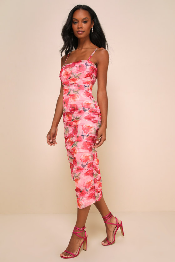 Image of Blossoming Excellence Pink Floral Mesh Ruched Midi Dress