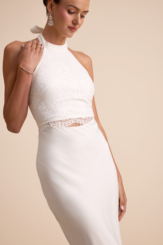 Image of Atenea White Lace Cutout Halter Mermaid Maxi Dress