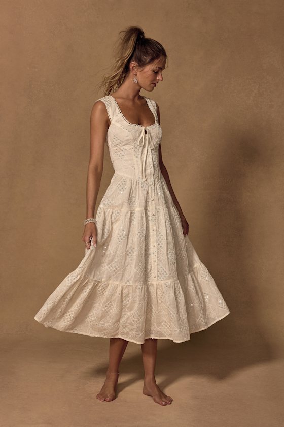 Image of Antionette Cream Embroidered Sequin Button Front Midi Dress