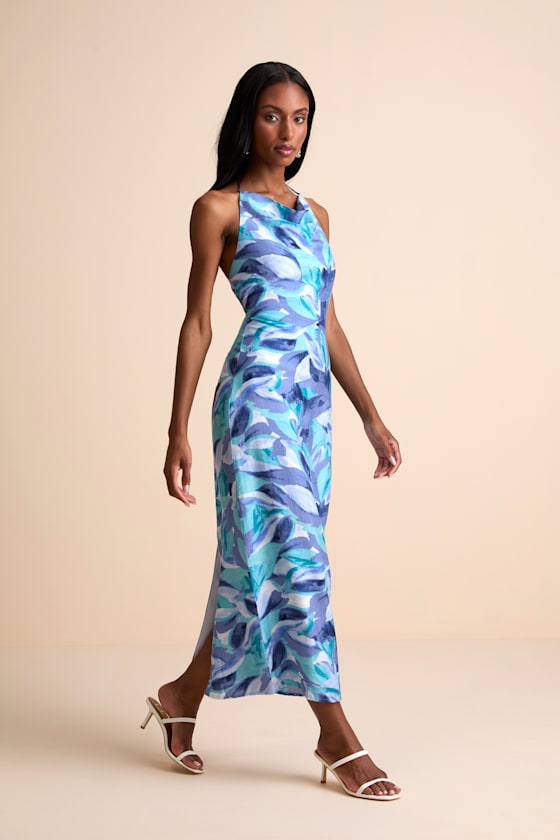 Image of Valdria Blue Abstract Cowl Halter Midi Dress