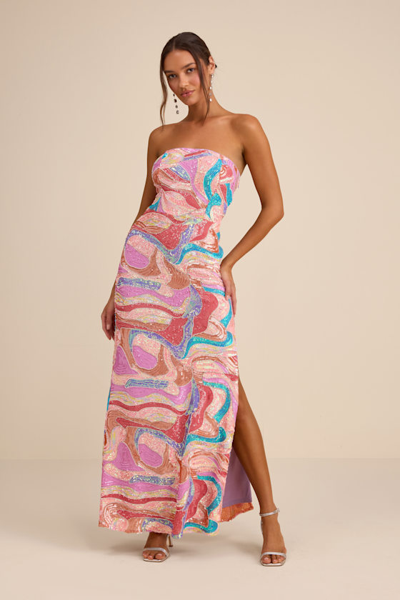 Image of Kera Pink Multi Sequin Strapless Maxi Dress