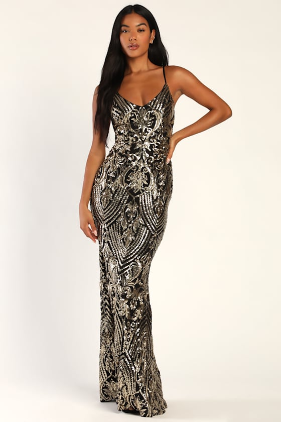 Image of Truly Alluring Black And Gold Sequin Mermaid Maxi Dress