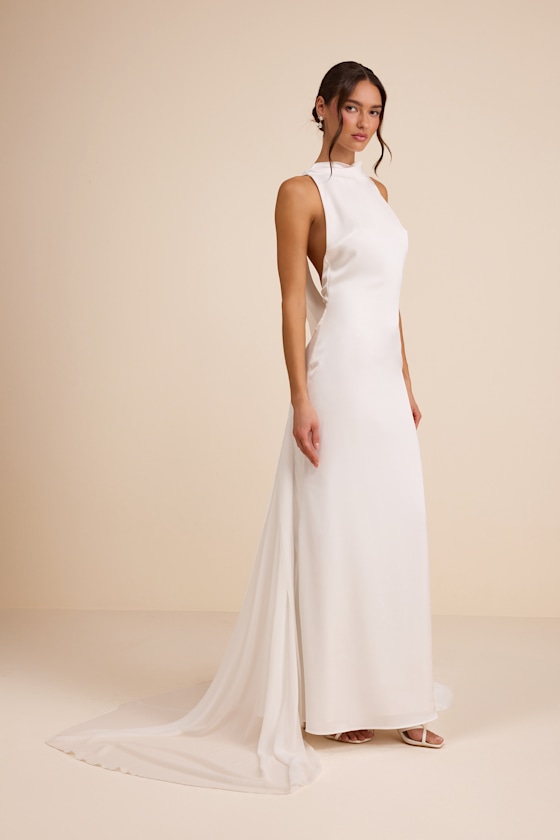 Image of Perilla White Satin Mock Neck Column Maxi Dress
