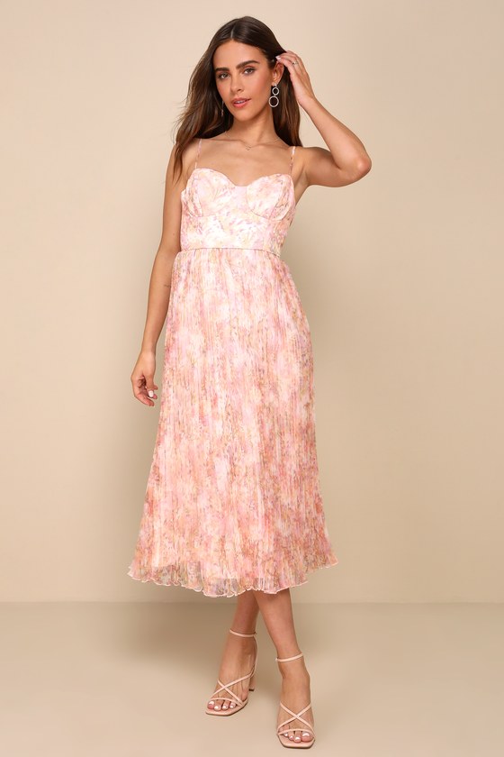 Image of Finest Endeavor Blush Pink Floral Pleated Bustier Midi Dress