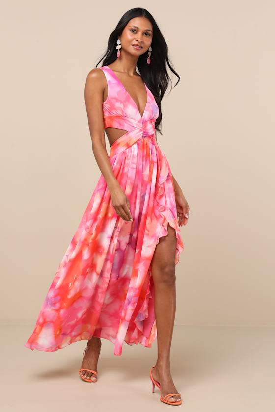 Image of Elisanna Pink Multi Floral Lace Up Midi Dress