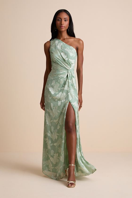 Image of Renni Sage Green Floral Jacquard One Shoulder Maxi Dress