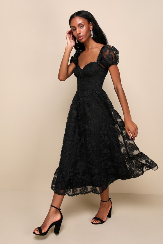 Image of Notable Elegance Black Mesh Floral Applique Bustier Midi Dress