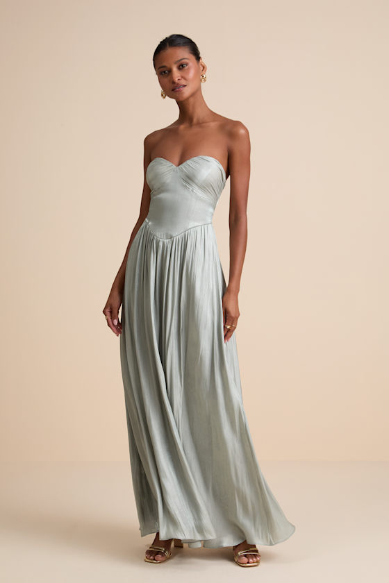 Image of Kylin Sage Satin Basque Waist Maxi Dress