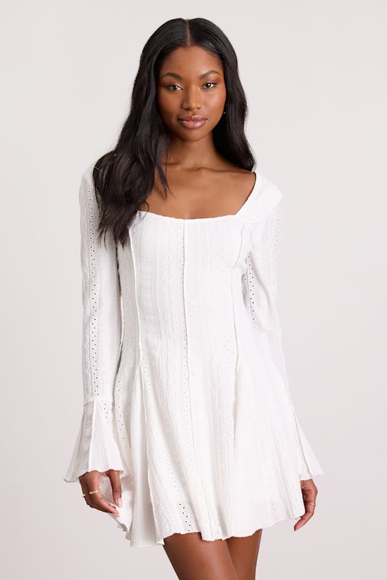 Image of Mirielle White Textured Long Sleeve Mini Dress