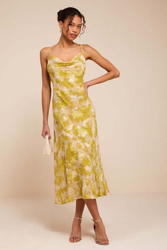 Image of Neida Yellow Floral Burnout Cowl Neck Midi Dress