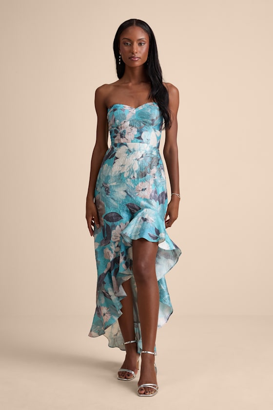 Image of Blushing Darling Turquoise Floral Strapless High Low Maxi Dress