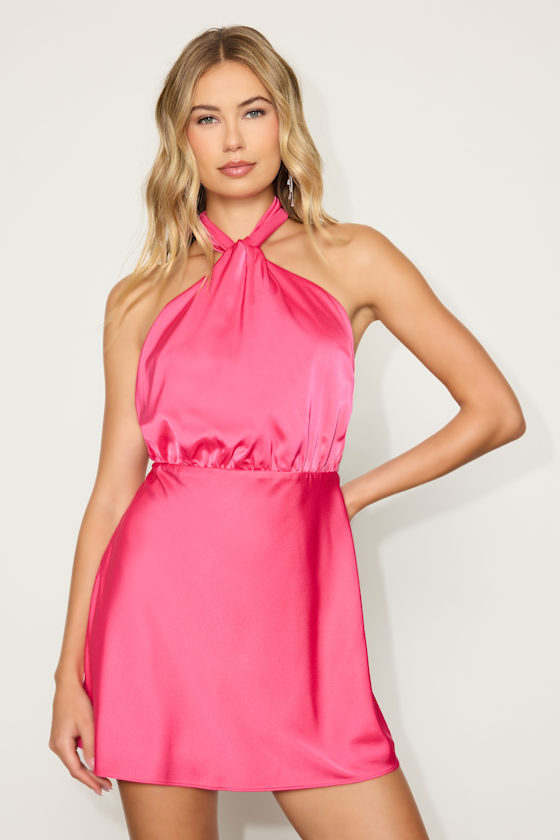 Image of Sleek Essence Fuchsia Satin Halter Sleeveless Mini Dress