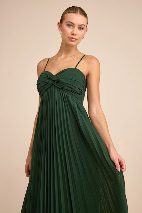 Image of Jolette Emerald Pleated Knot-Front Maxi Dress